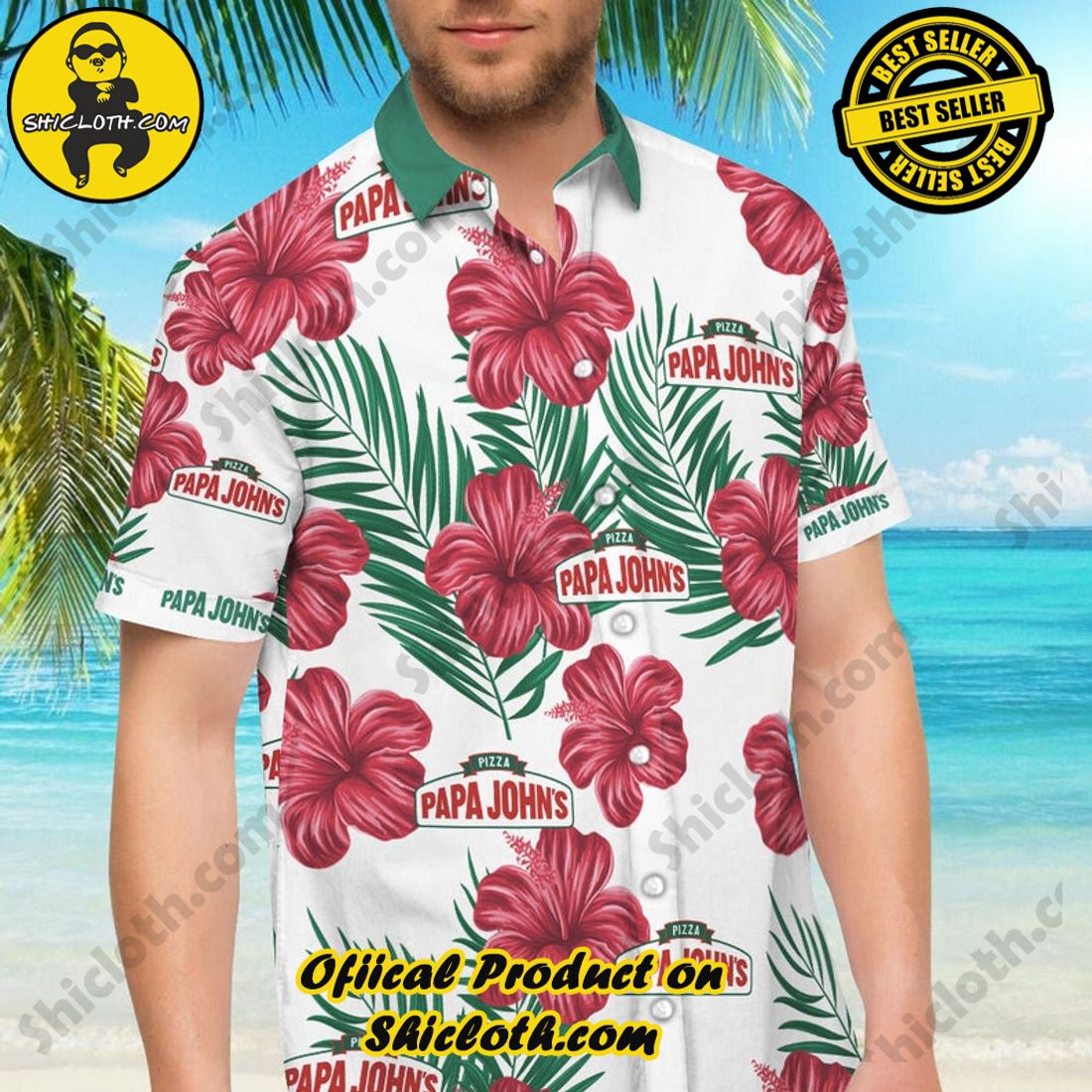 Alternative view of Papa Johns Pizza Hibiscus Aloha Hawaiian Shirt
