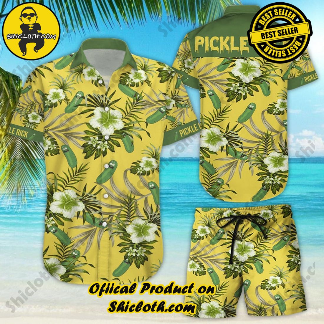 Pickle Rick Floral Aloha Yellow Green Hawaiian Shirt