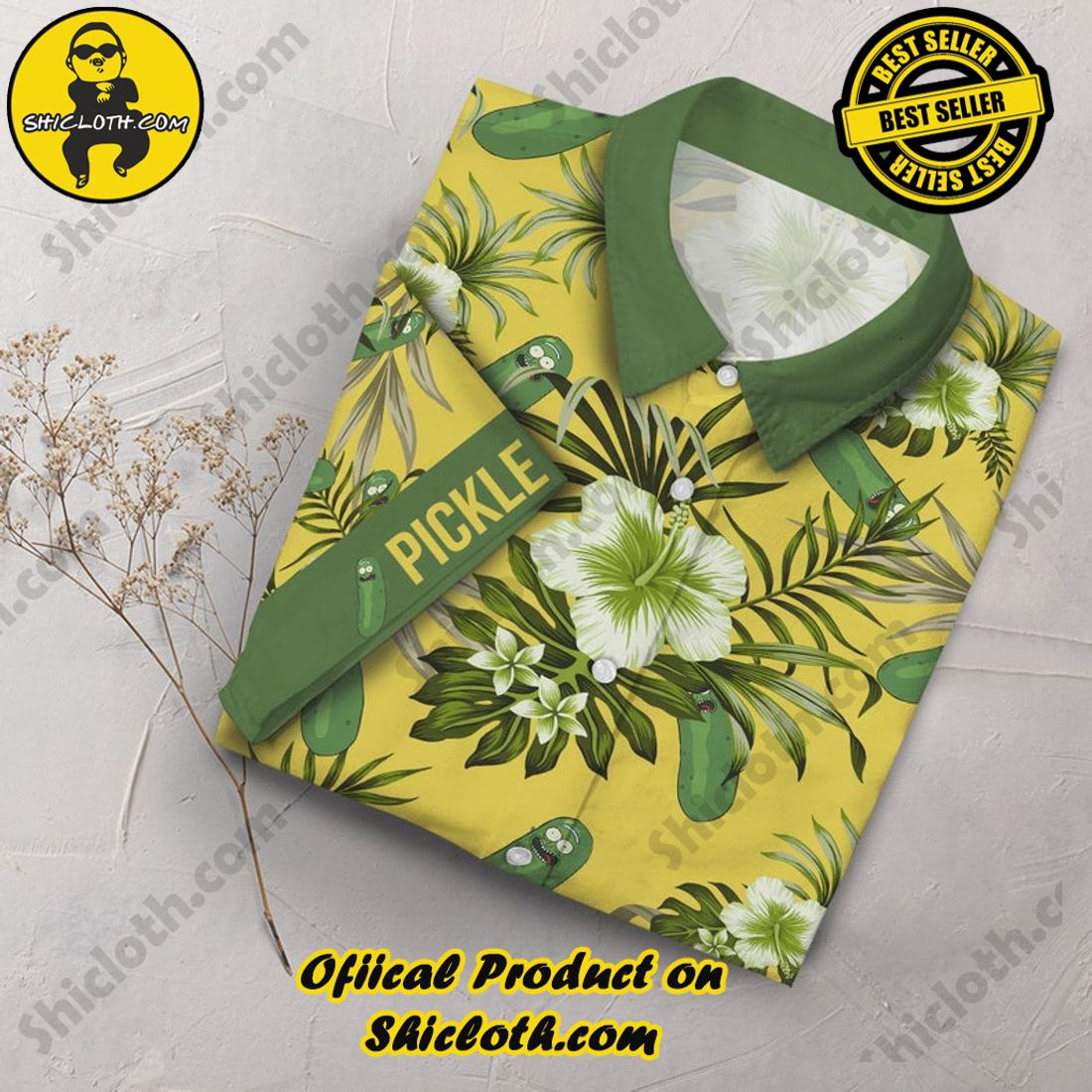 Alternative view of Pickle Rick Floral Aloha Yellow Green Hawaiian Shirt
