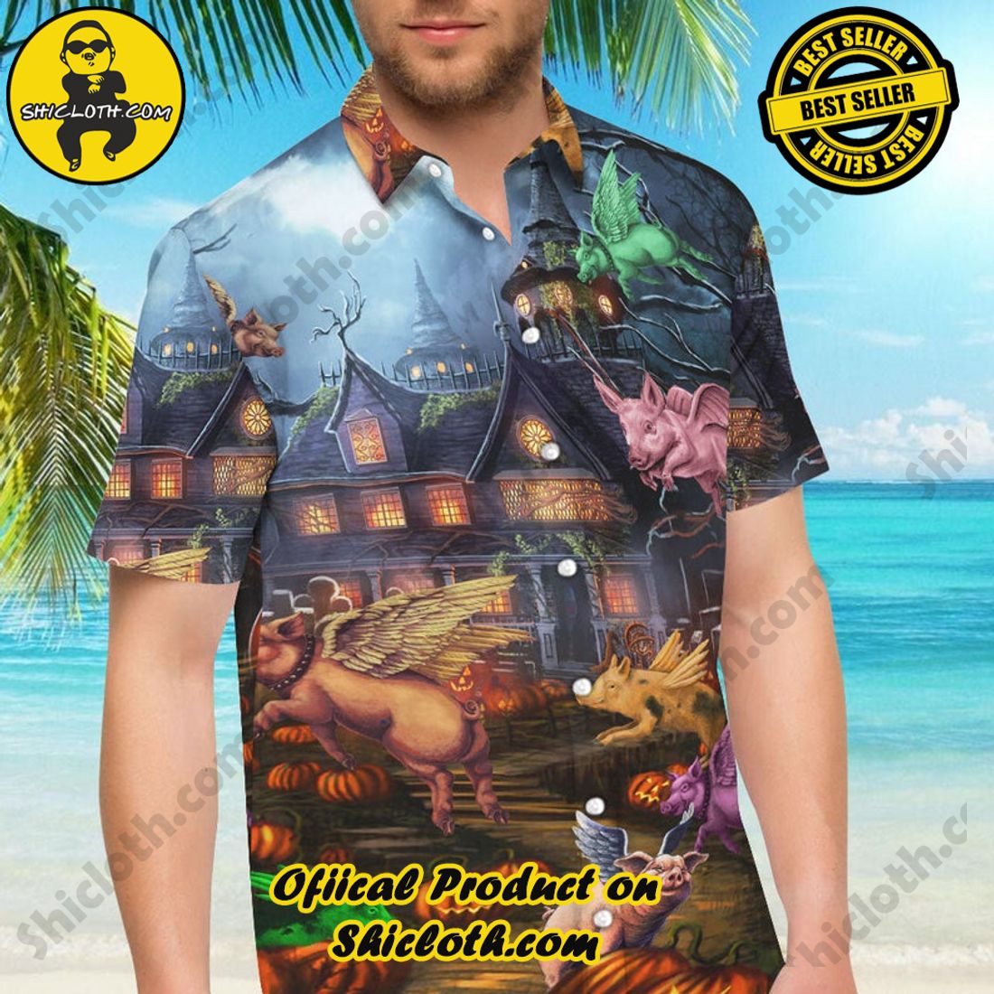 Alternative view of Pigs Fly Halloween Aloha Hawaiian Shirt