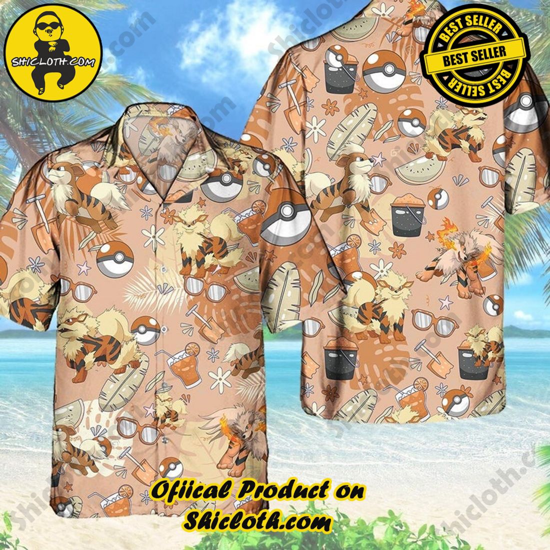 Alternative view of Pokemon Arcanine Anime Orange Hawaiian Shirt