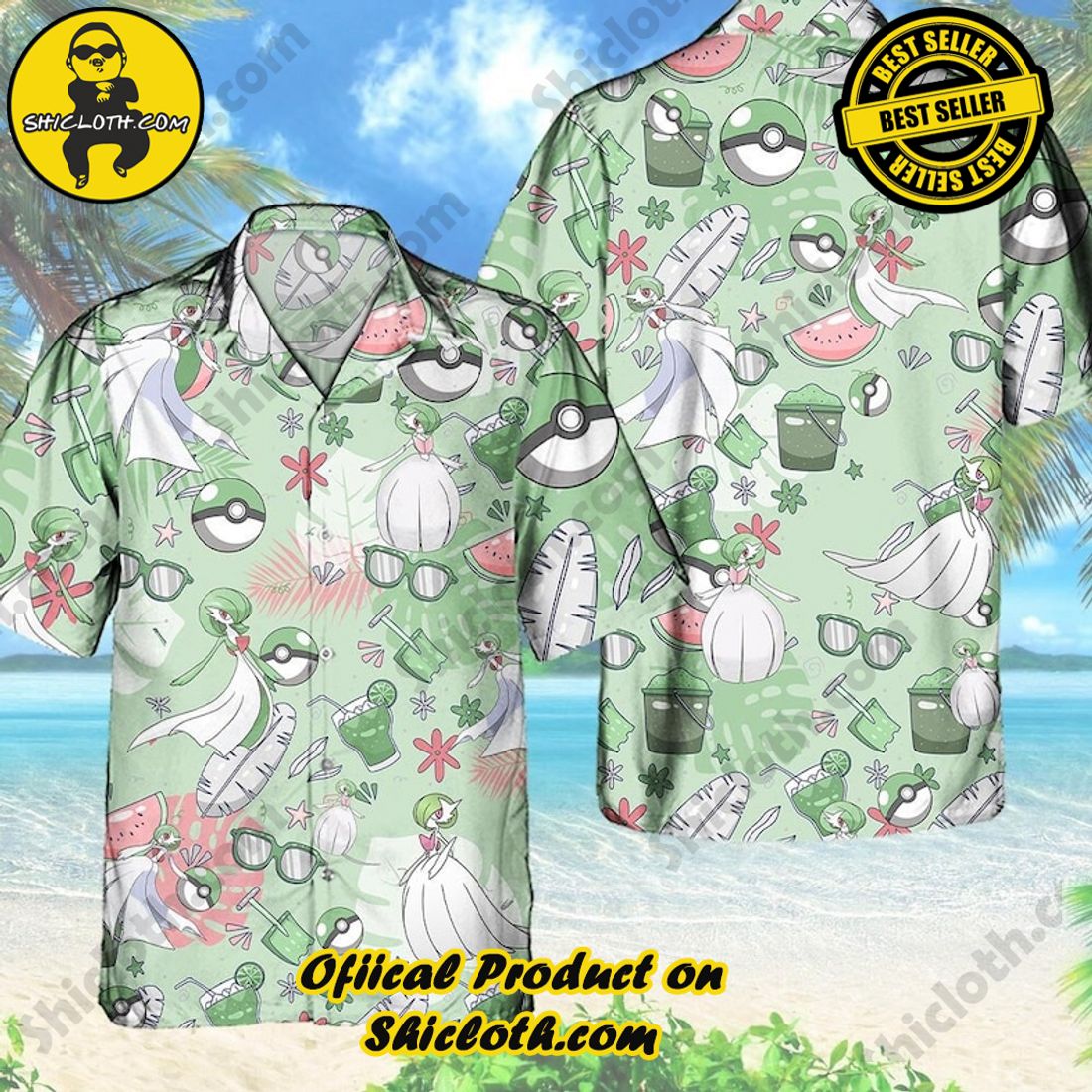 Alternative view of Pokemon Gardevoir Anime Green Hawaiian Shirt