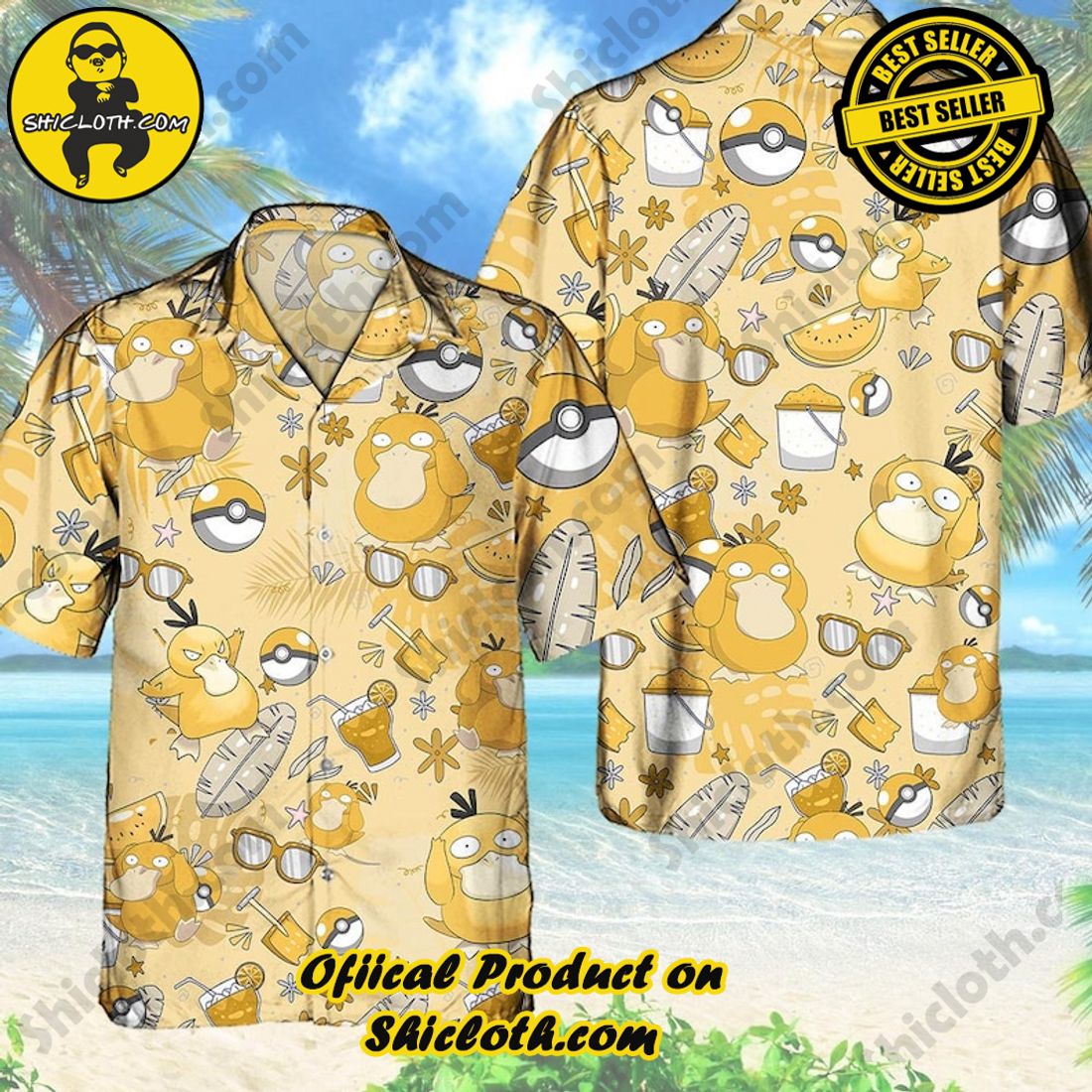 Alternative view of Pokemon Psyduck Anime Yellow Hawaiian Shirt