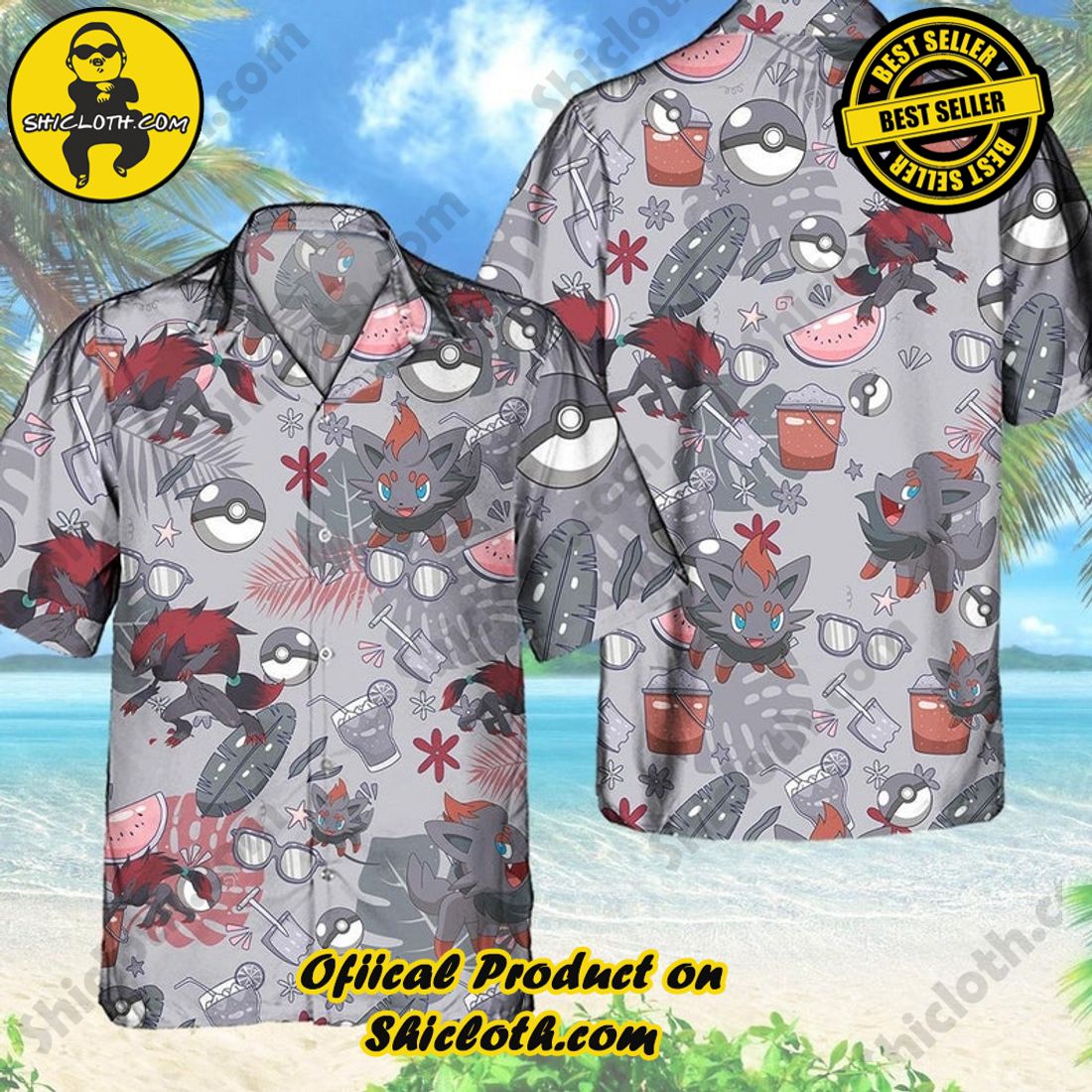 Alternative view of Pokemon Zorua Anime Grey Hawaiian Shirt