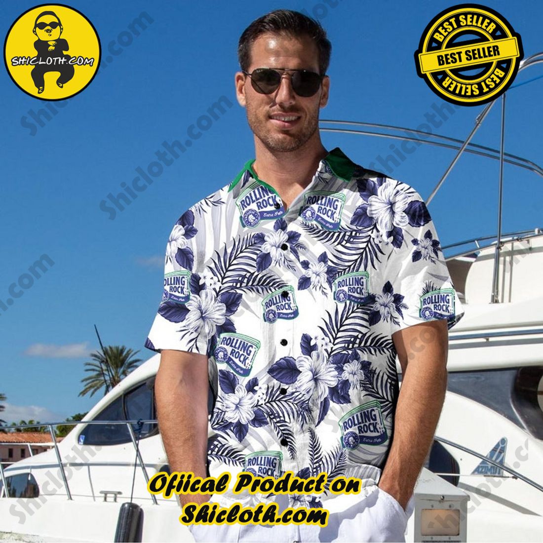 Alternative view of Rolling Rock Beer Floral Aloha Hawaiian Shirt