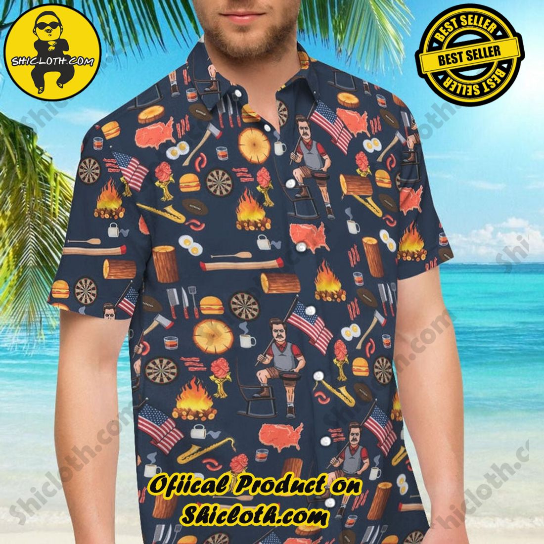 Alternative view of Ron Swanson NBC Aloha Black Hawaiian Shirt