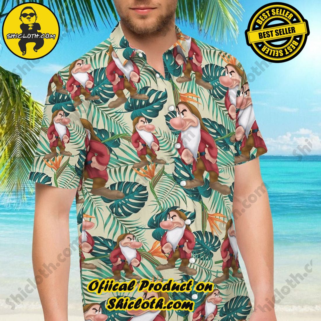 Alternative view of Snow White And The Seven Dwarfs Grumpy Floral Aloha Hawaiian Shirt