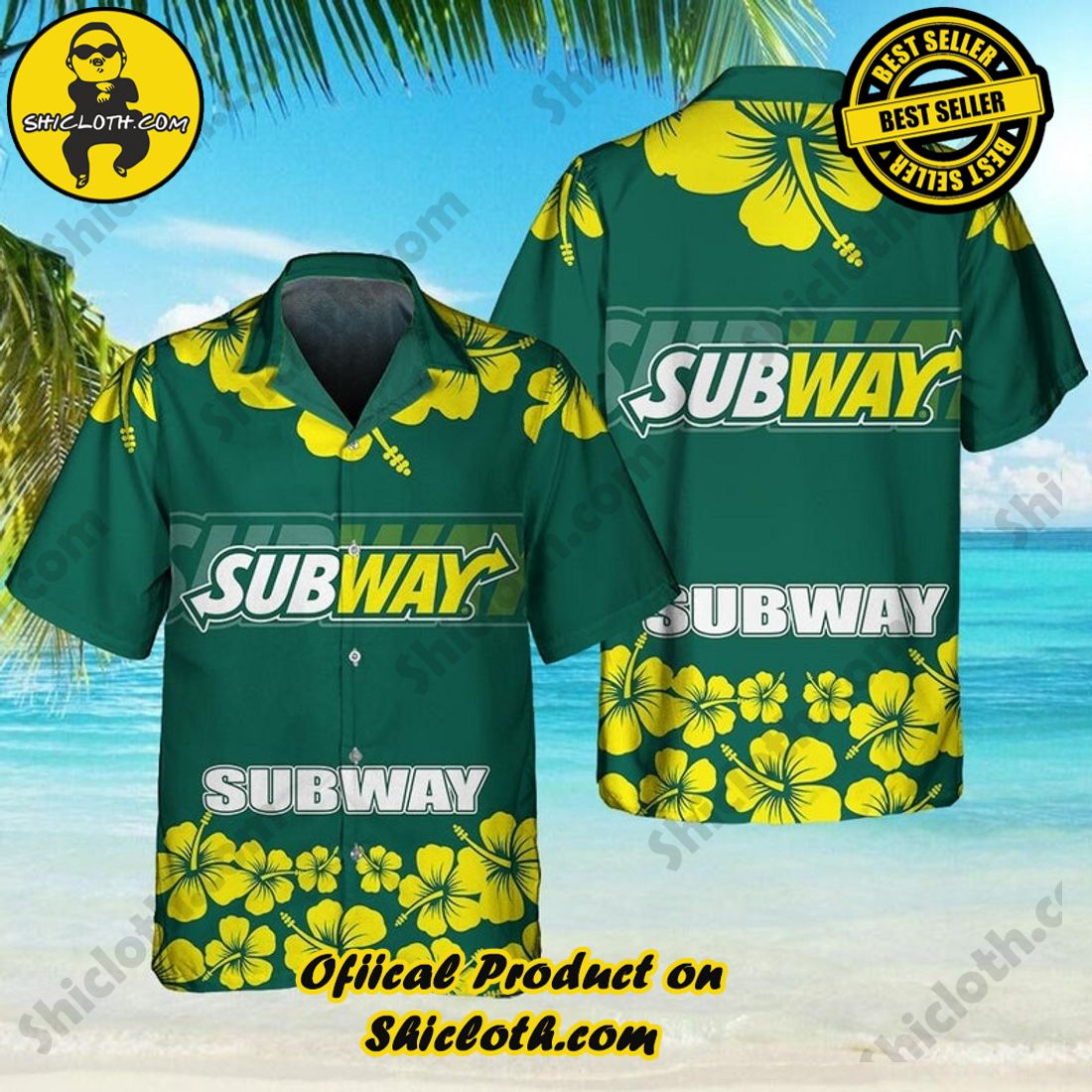 Subway Food Hibiscus Green Yellow Hawaiian Shirt