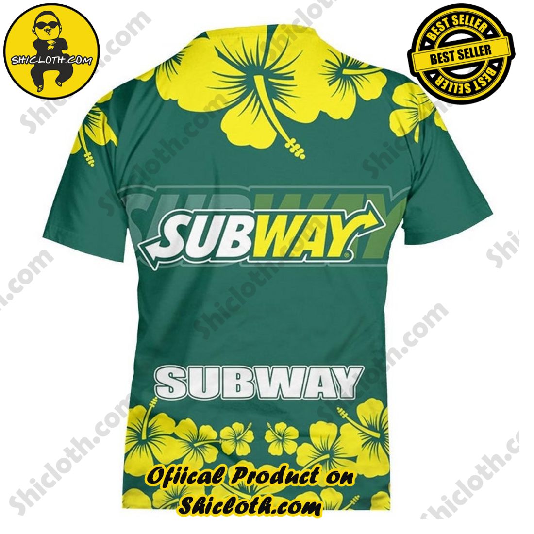Alternative view of Subway Food Hibiscus Green Yellow Hawaiian Shirt