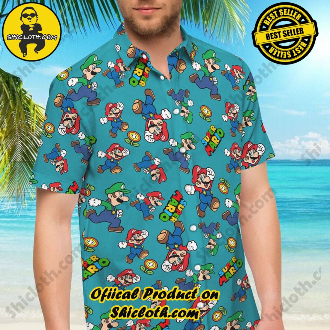 Alternative view of Super Mario Aloha Green Hawaiian Shirt