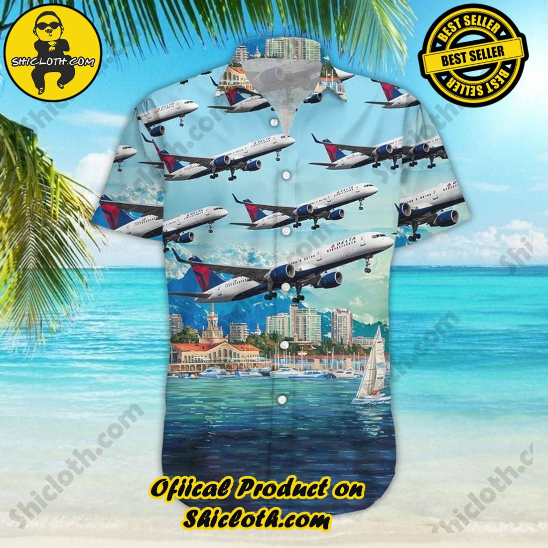 Alternative view of TM Airplane Boeing 757 Aloha Blue Hawaiian Shirt