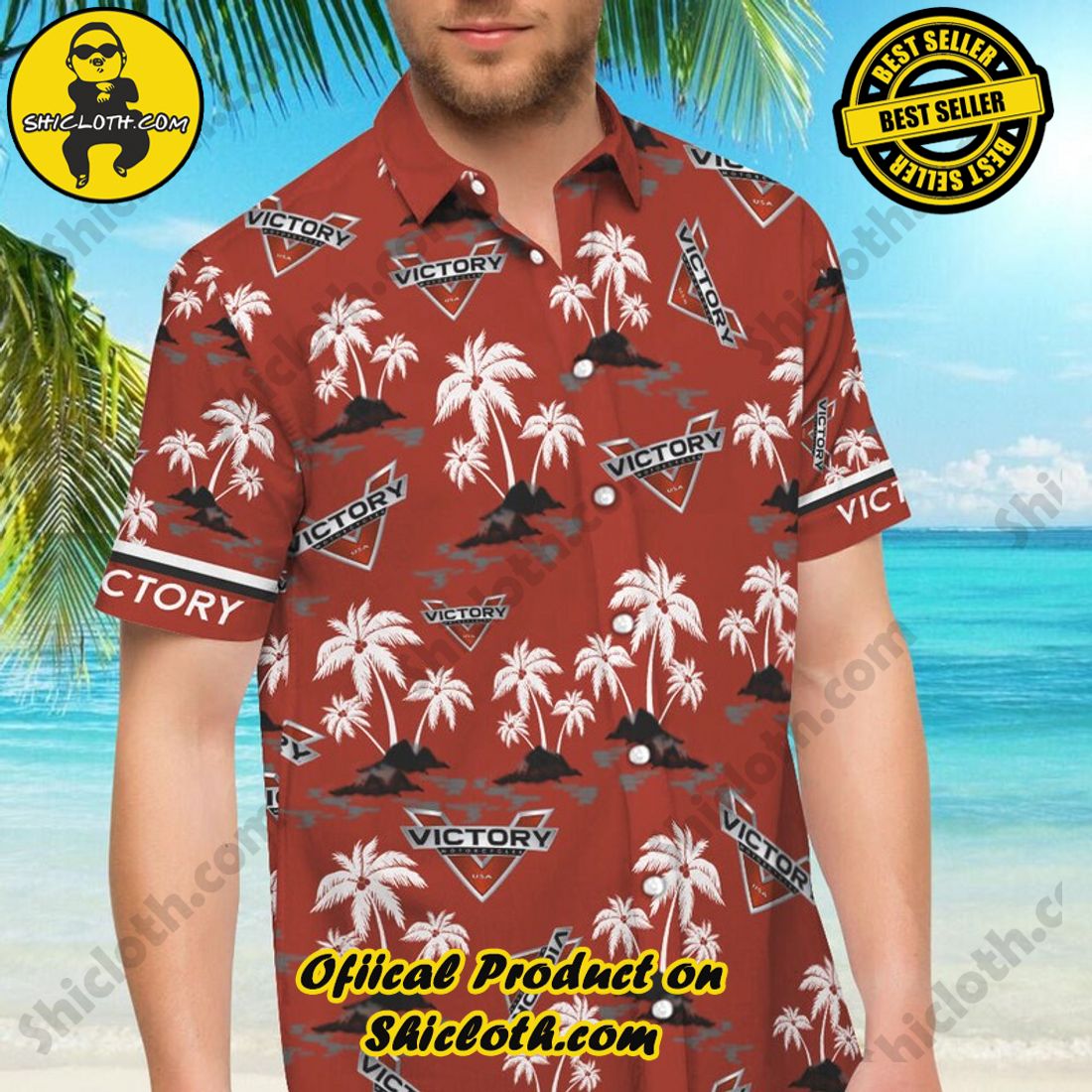 Alternative view of Victory Motorcycles Palm Tree Red Black Hawaiian Shirt