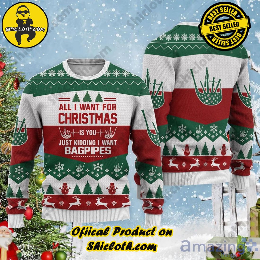 Best Seller Hot Trending Sweater in Shicloth Store 1 All I want for Christmas Is Bagpipes Ugly Christmas Sweater