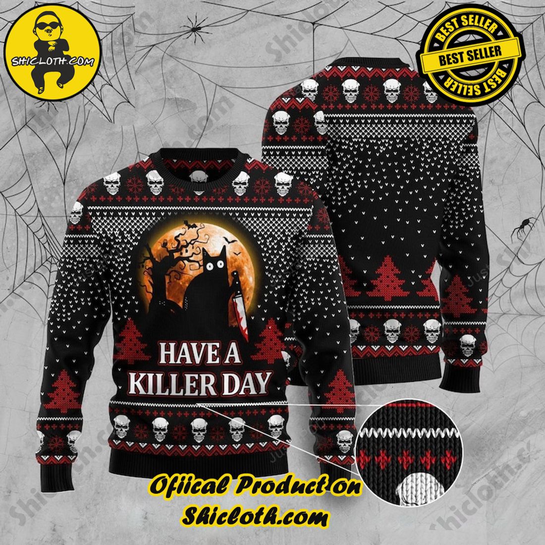 Sweater Delights from Shicloth Fashion Store: A Perfect Christmas Gift 7 Black Cat Halloween Have A Killer Day Black Red Ugly Christmas Sweater All Over Print Sweatshirt, Black Cat Killer Sweater