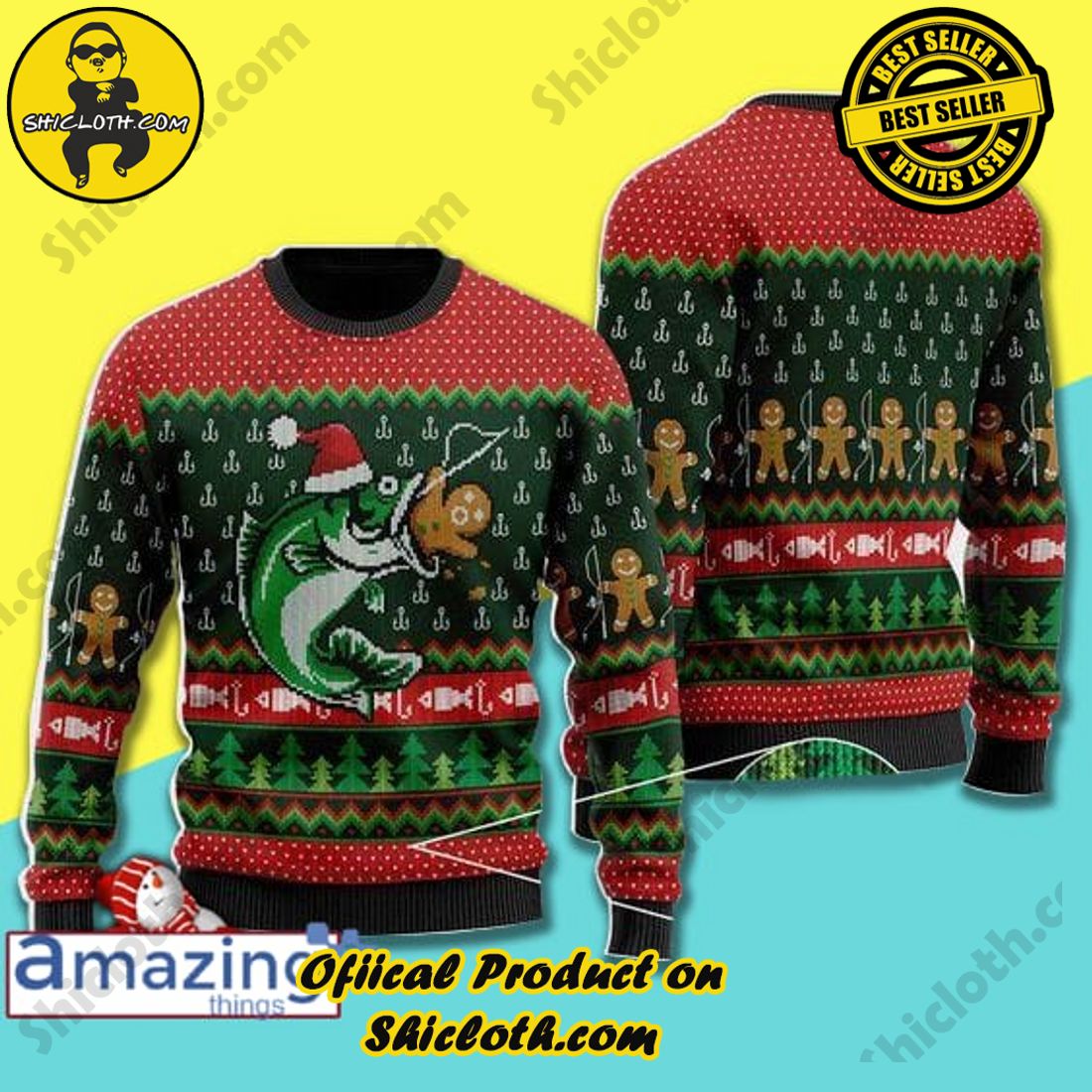 Best Seller Hot Trending Sweater in Shicloth Store for Christmas 8 Funny Fishing Christmas Knitting Pattern Christmas Ugly Sweater