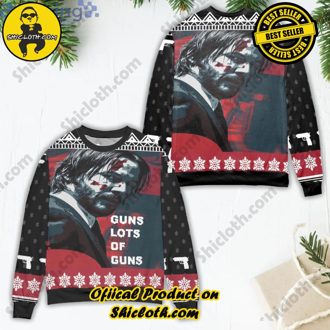 Sophisticated Comfort: Explore Our Stylish Sweater Collection at Shiclothshop 23 John Wick Guns Lots Of Guns Snowflake Pattern Ugly Christmas Sweater