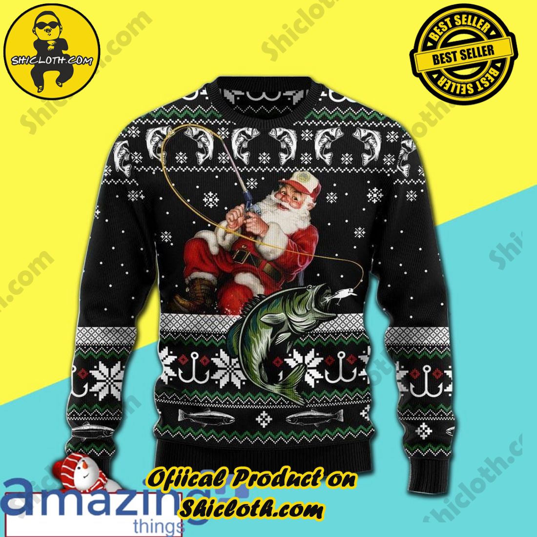 Hot Trending Sweater in Shicloth Store for Christmas 25 Santa Claus Fishing Wool Knitting Pattern Christmas Ugly Sweater Sweatshirt