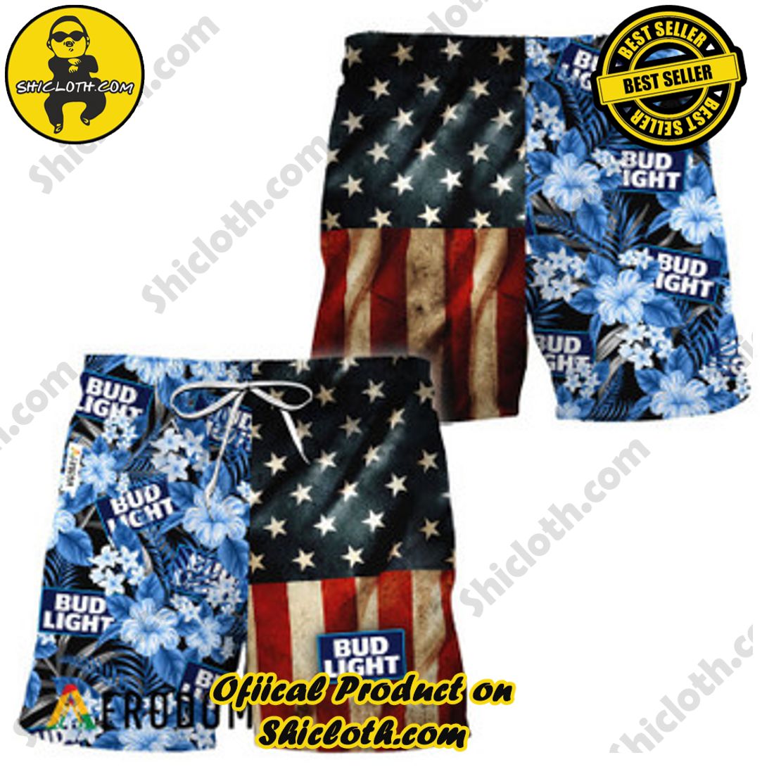 Hot Hot Hot Trend Best Seller : Shiclothshop's Hawaiian Shirts 9 Bud Light American Flag Tropical Flower Hawaiian Shorts