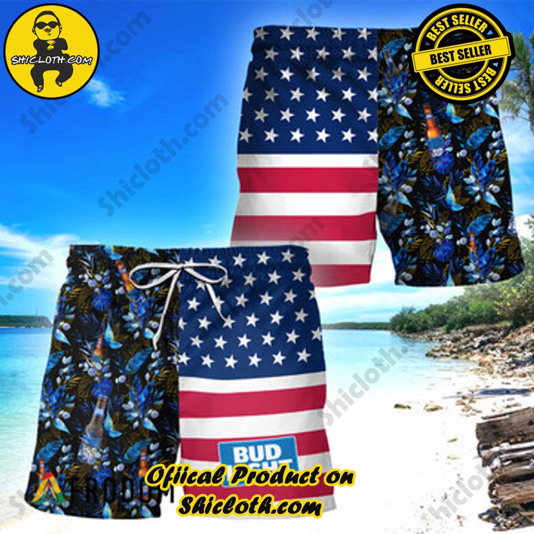 Hot Hot Hot Trend Best Seller : Shiclothshop's Hawaiian Shirts 12 Bud Light Flower American Flag Hawaiian Shorts