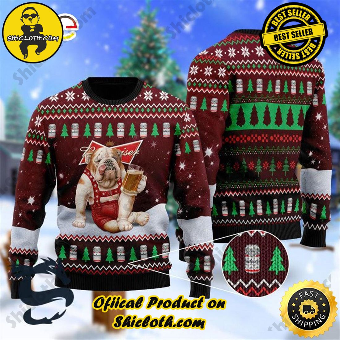 Bulldog Drink Budweiser Beer Ugly Christmas Beer Sweater