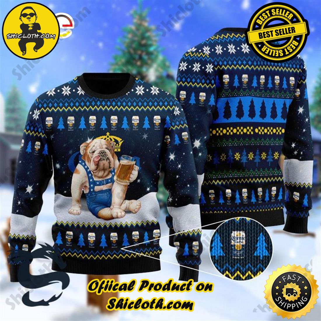 Bulldog Drink Corona Extra Beer Christmas Ugly Beer Sweater