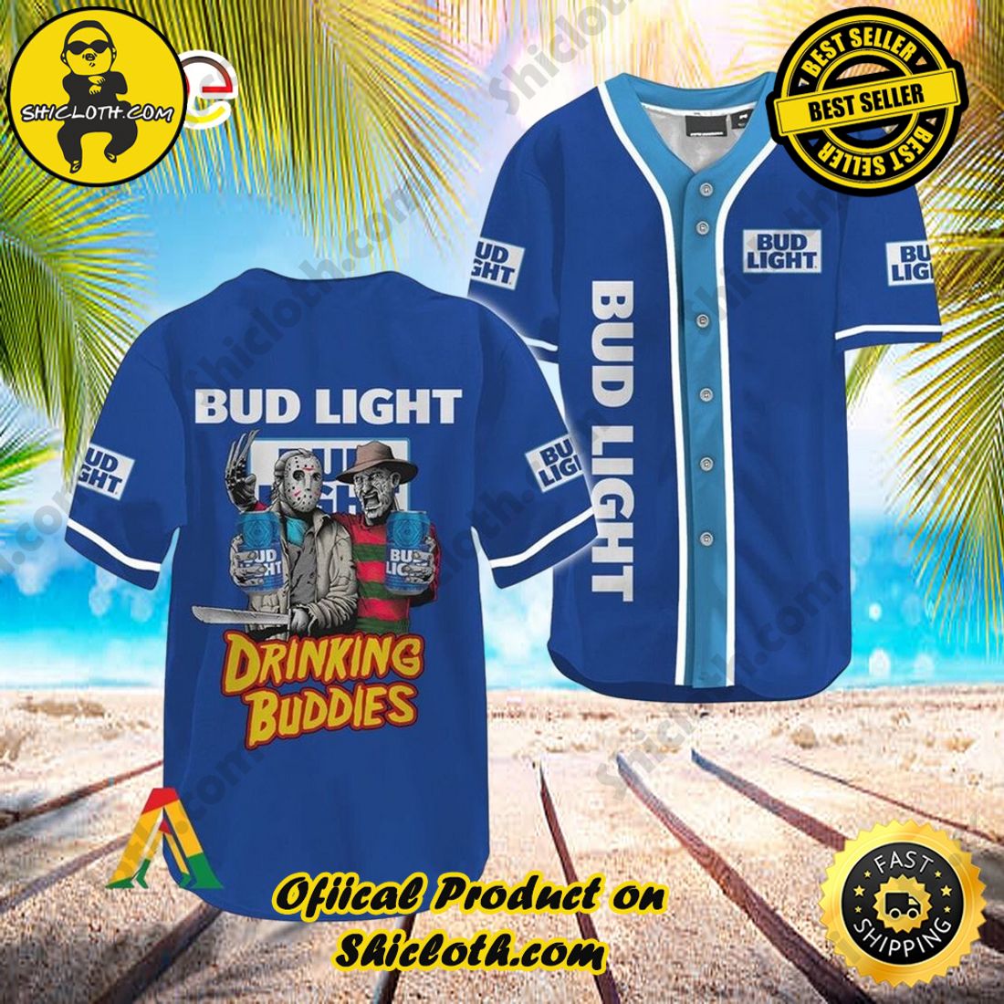Hot trend:Shicloth's All-Star Baseball Jersey Shirt Collection 15 Horror Freddy and Jason Drinking Buddies Bud Light Halloween Baseball Jersey