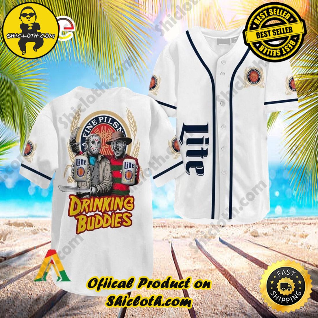Hot trend:Shicloth's All-Star Baseball Jersey Shirt Collection 16 Horror Freddy and Jason Drinking Buddies Miller Lite Halloween Baseball Jersey