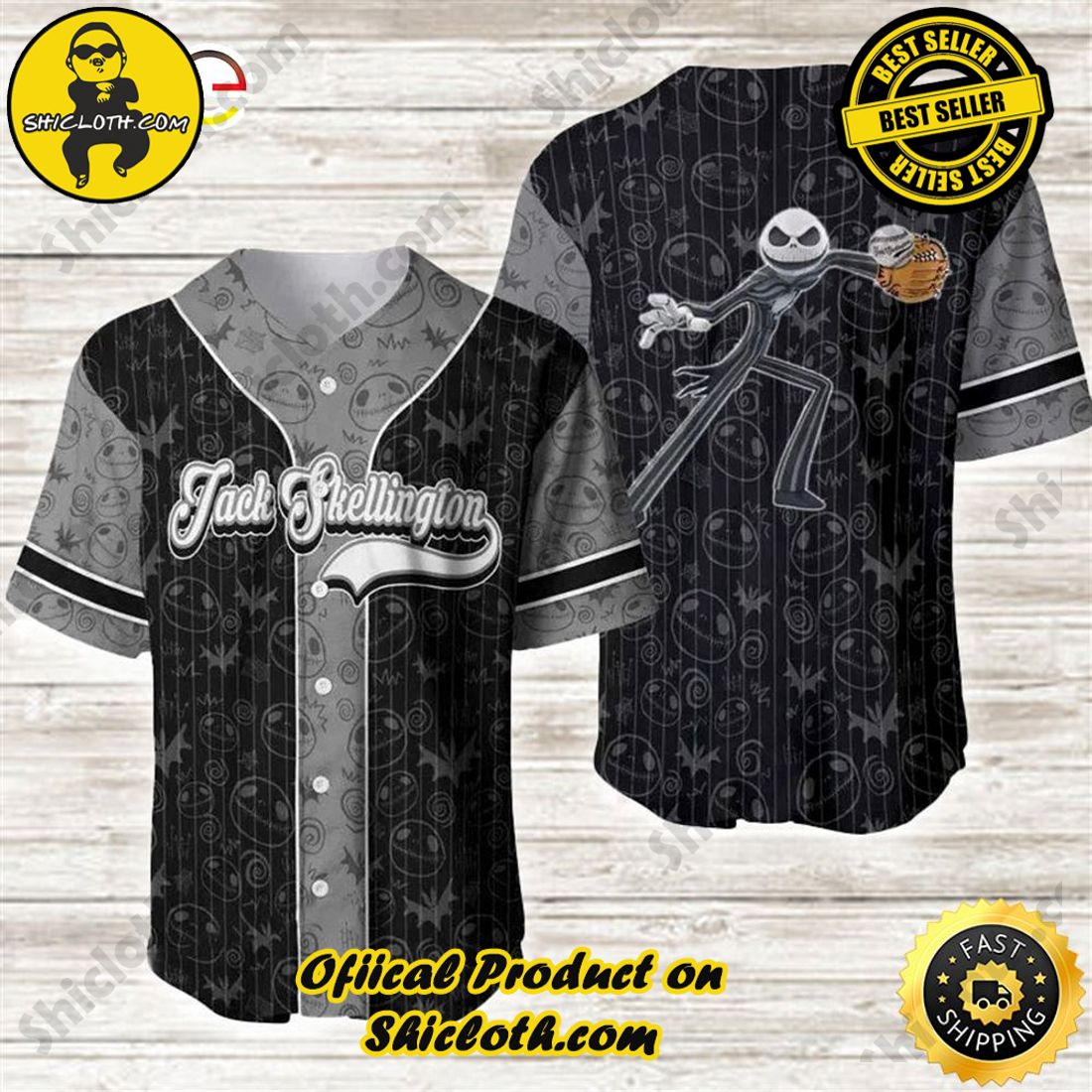 Shicloth's All-Star Baseball Jersey Shirt Collection 9 Jack Skellington Black Gray Baseball Jersey