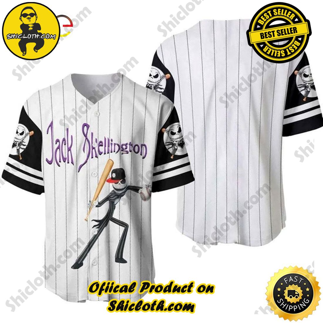 Shicloth's All-Star Baseball Jersey Shirt Collection 11 Jack Skellington Pinstripe Baseball Jersey