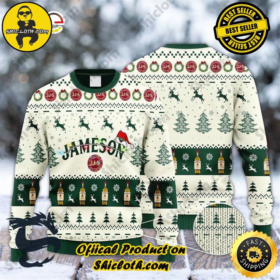 Hot Trend Bestseller: Sweaters from Shiclothshop 10 Jameson Irish Reindeer Snowy Night Ugly Beer Sweater