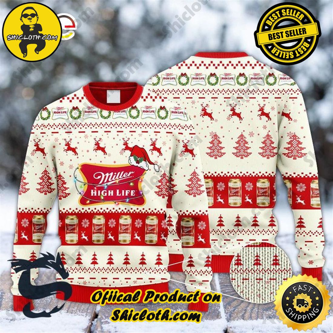 Hot Hot Hot Bestseller: Sweaters from Shiclothshop 3 Miller High Life Reindeer Snowy Night Ugly Beer Sweater