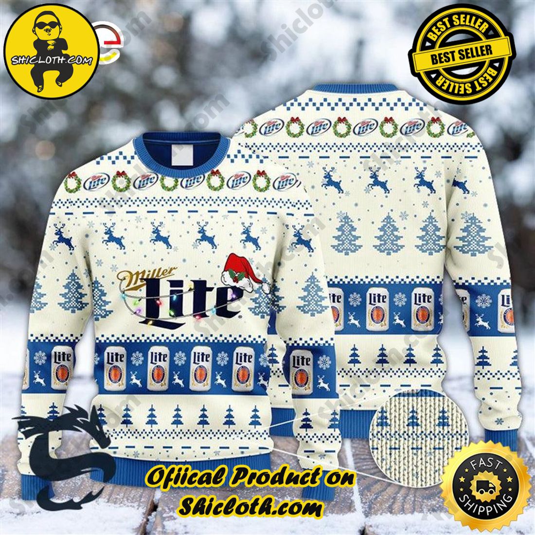 Miller Lite Reindeer Snowy Night Ugly Beer Sweater - Shicloth