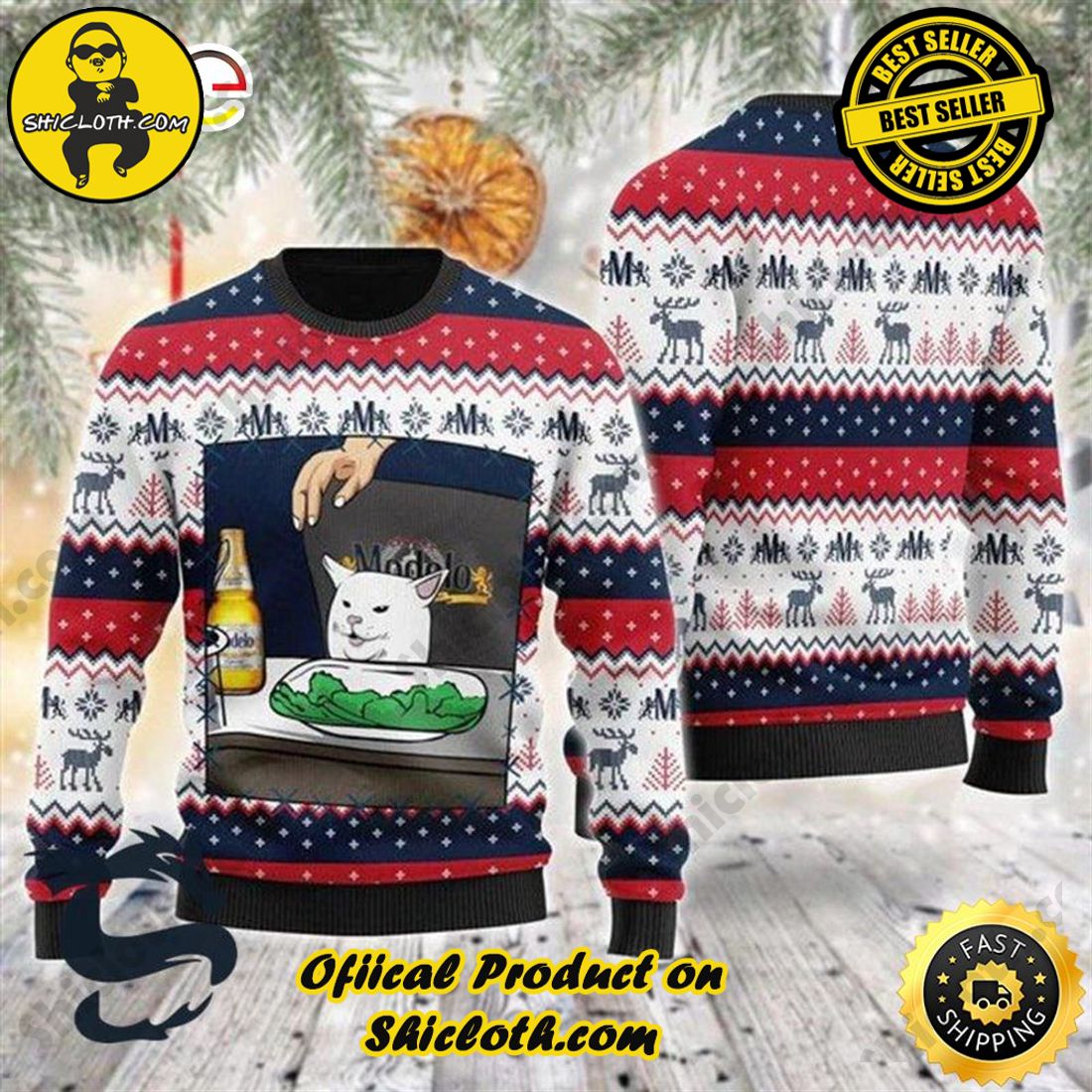 Modelo Beer Cat Meme Christmas Ugly Beer Sweater 1 Modelo Beer Cat Meme Christmas Ugly Beer Sweater