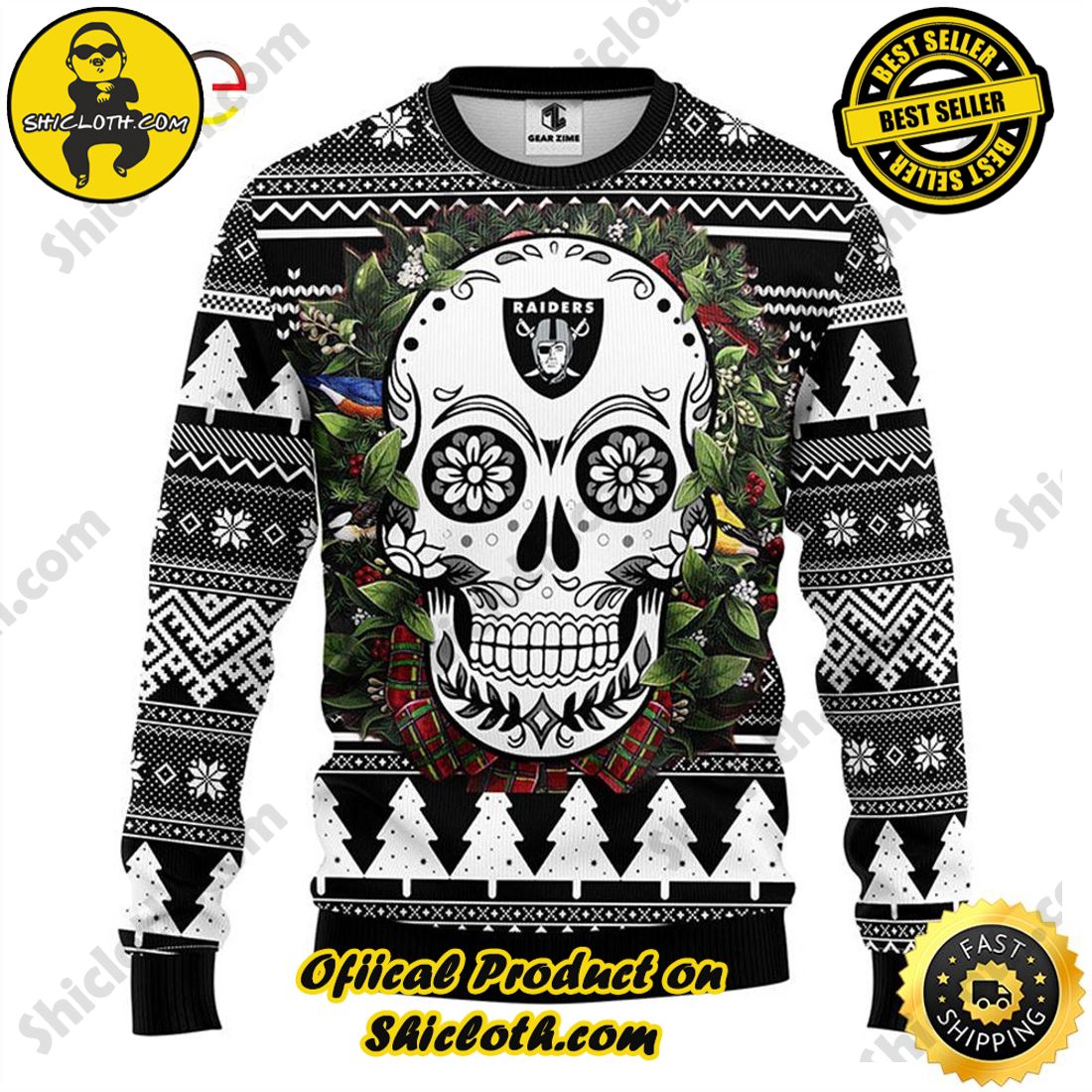 NFL Oakland Raiders Skull Flower Ugly Christmas Ugly Sweater –