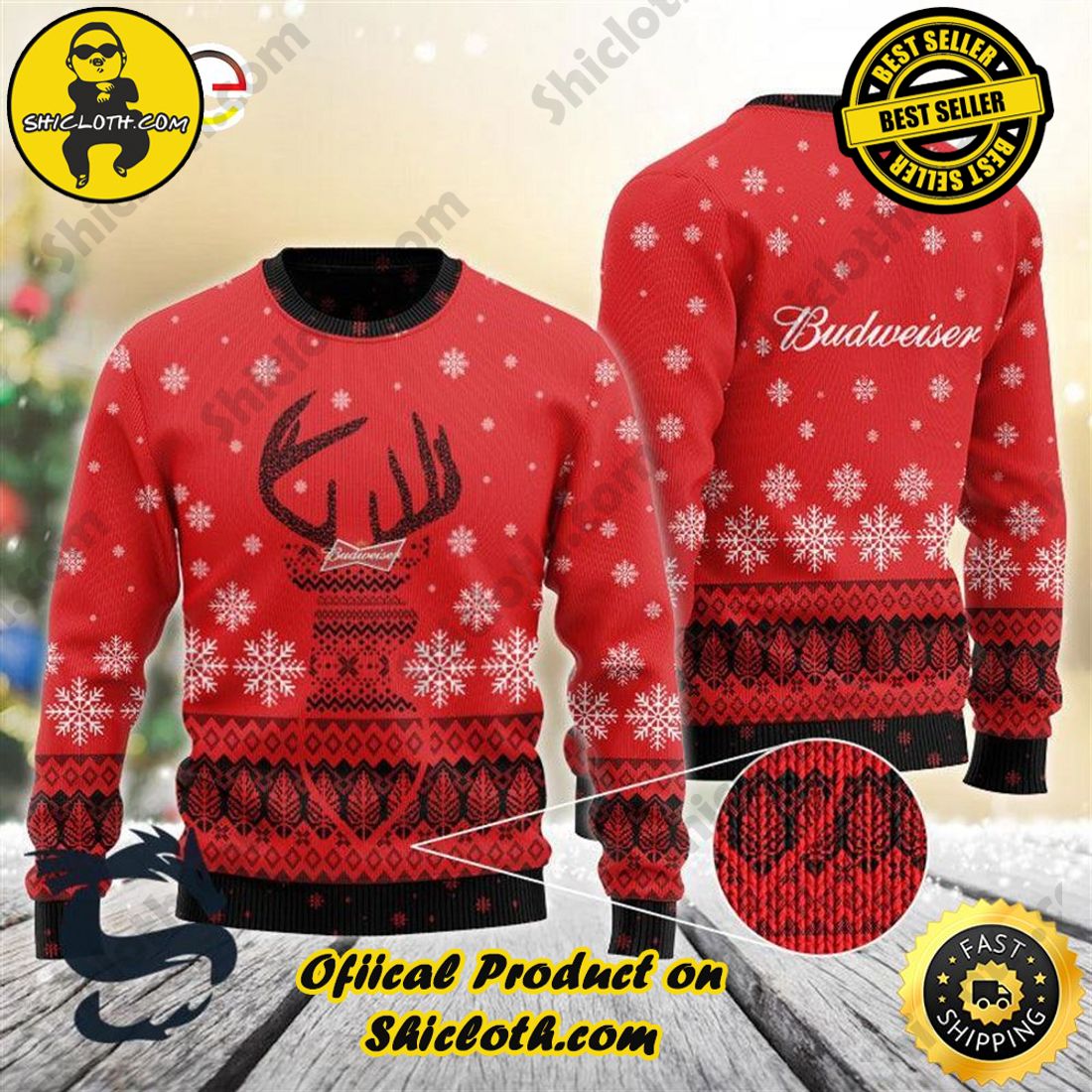 Hot Hot Hot Bestseller: Sweaters from Shiclothshop 15 Red Budweiser Reindeer Snowy Christmas Beer Sweater