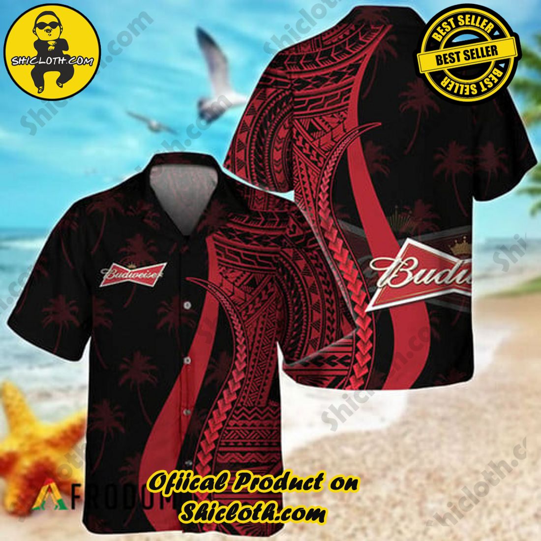 Red Polynesian Budweiser Hawaiian Shirt - Shicloth