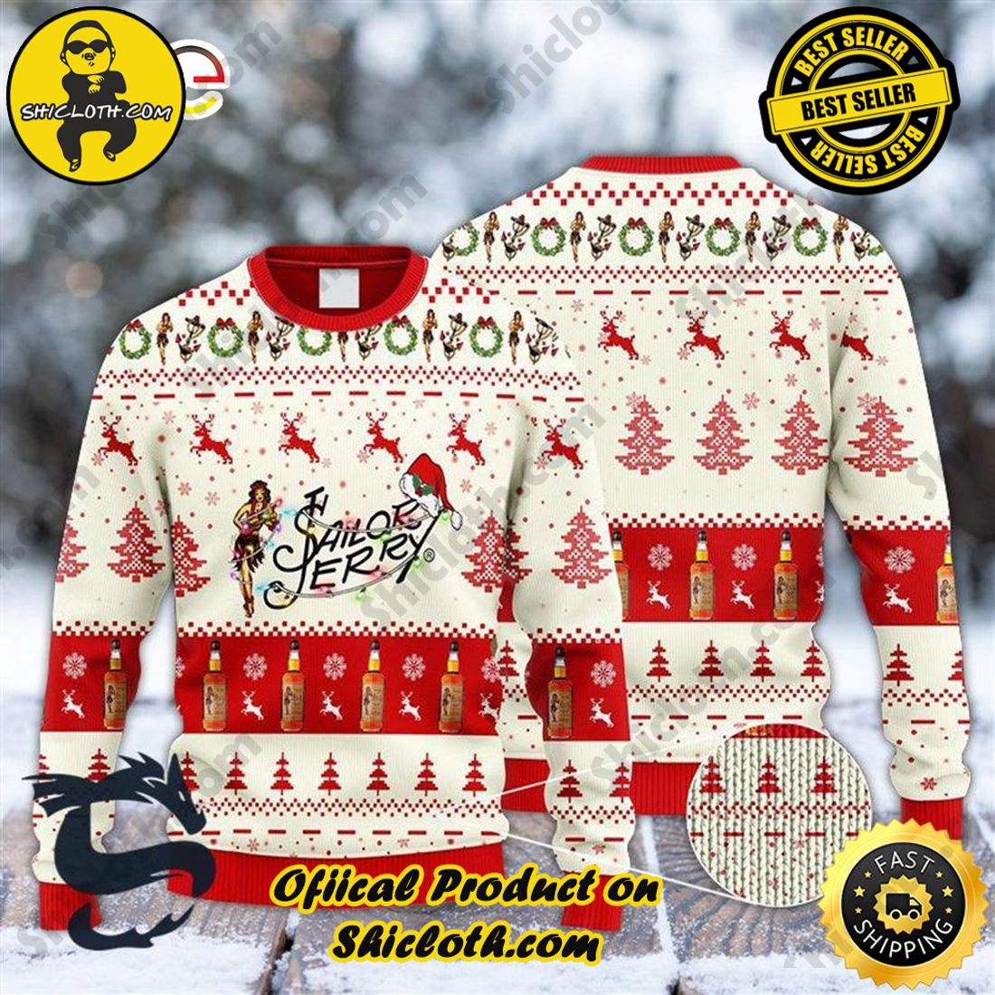 Hot Hot Hot Christmas Bestseller: Sweaters from Shiclothshop 19 Sailor Jerry Rum Reindeer Snowy Night Ugly Beer Sweater
