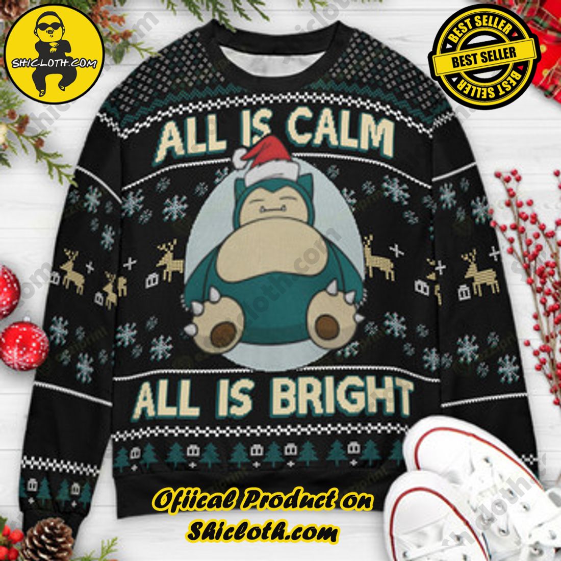 Hot Trending and Best Seller: Shiclothshop's Ugly Christmas Sweaters: Embrace Festive Fashion with Flair 3 All is calm All is Bright Snorlax Pokemon Ugly Christmas Sweaters