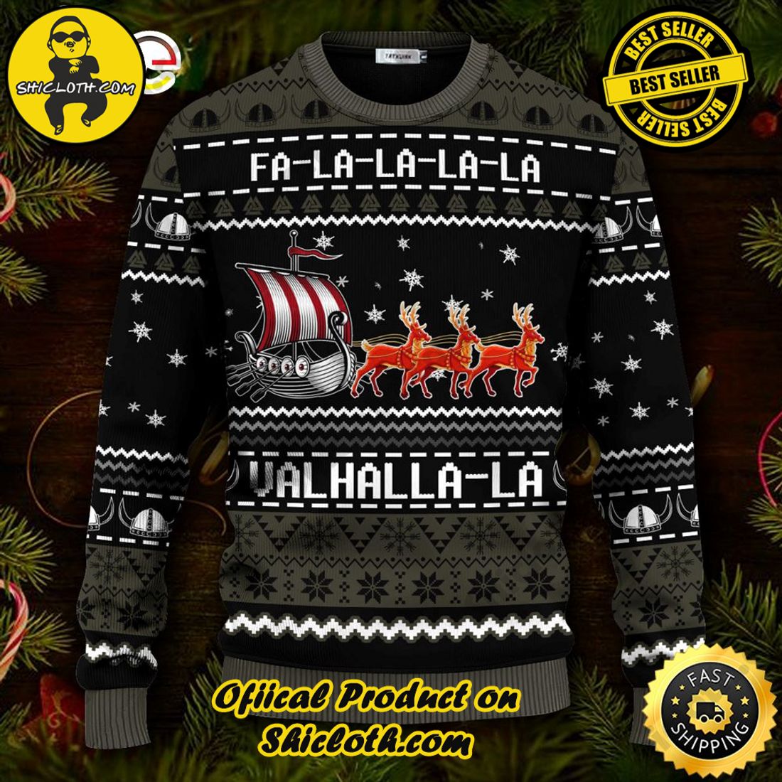 Best seller: Warm Up Your Holidays with Shiclothshop's Cozy Christmas Sweaters for a Peaceful Season 3 Black Falalalala Valhallala Viking Ships Ugly Christmas Sweater For Men & Women Christmas Gift Sweater