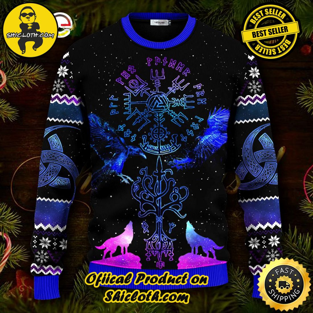 Best seller: Warm Up Your Holidays with Shiclothshop's Cozy Christmas Sweaters for a Peaceful Season 4 Blue Vegvisir Triple Horn Pattern Ugly Christmas Sweater For Men & Women Christmas Gift Sweater
