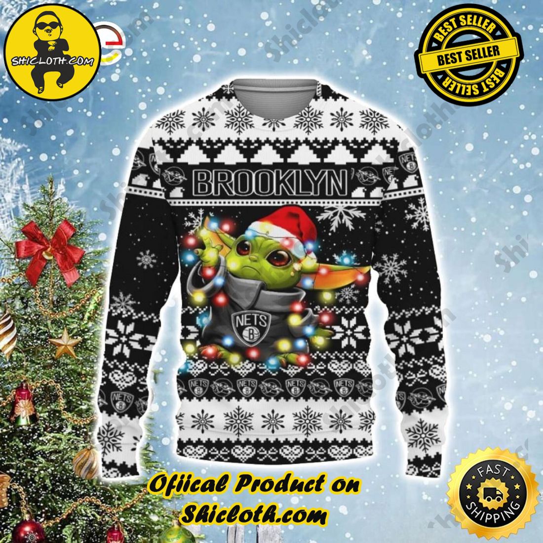 Best Seller and Hot Trending : Exploring Shicloth's NFL Ugly Sweater Collection 18 Brooklyn Nets Baby Yoda Star Ugly Sweater