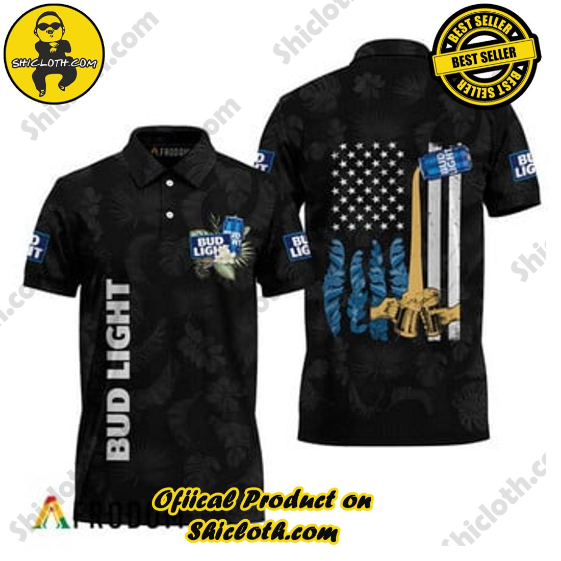 Best Seller And Hot Trending for Summer : Shiclothshop's Hawaiian Shirts 5 Busch Light US Flag Black Hawaiian Polo Shirt