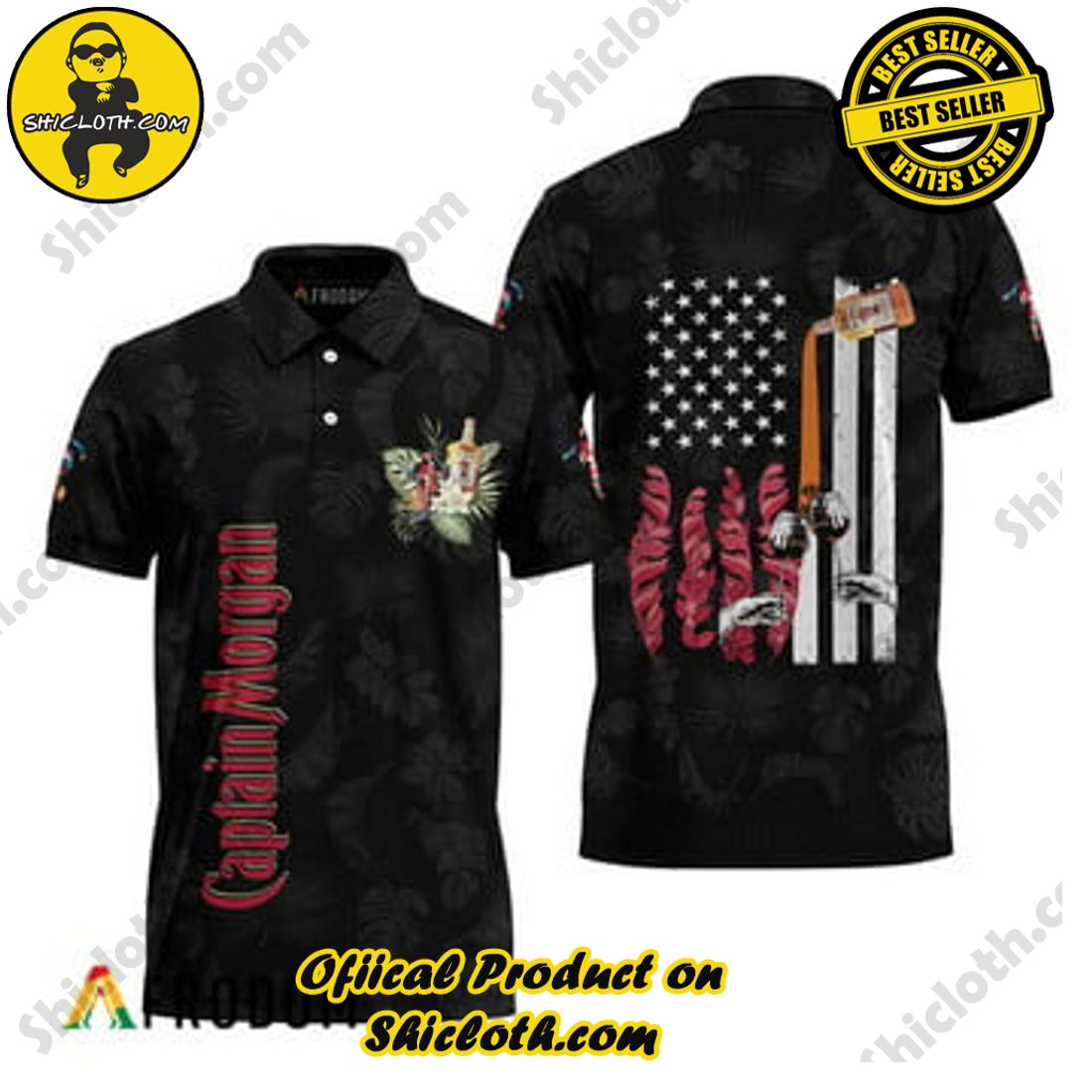 Best Seller And Hot Trending for Summer : Shiclothshop's Hawaiian Shirts 16 Captain Morgan US Flag Black Hawaiian Polo Shirt