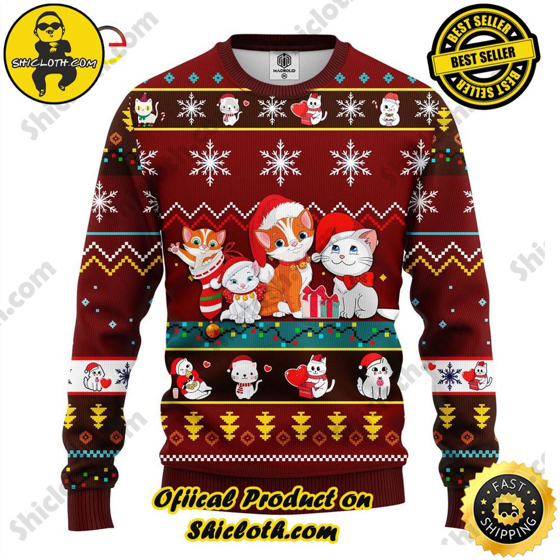 Shiclothshop's Sweaters: The Perfect Fashionable Gift for Everyone 3 Cat Cartoon Cute Noel Mc Christmas Red Brown Ugly Sweater