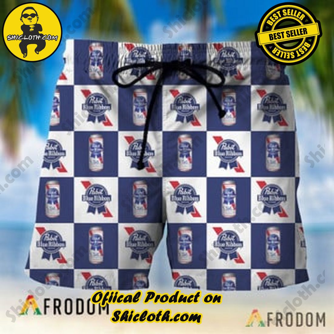 Best Seller And Hot Trending for Summer : Shiclothshop's Hawaiian Shirts 28 Checkerboard Pabst Blue Ribbon Hawaiian Shorts PBR Swim Trunks