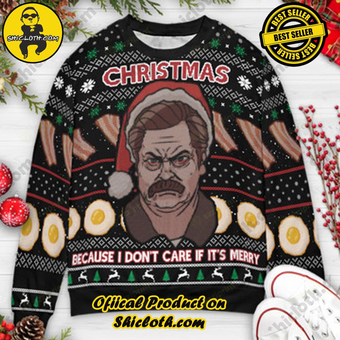 Hot Trending and Best Seller: Shiclothshop's Ugly Christmas Sweaters: Embrace Festive Fashion with Flair 12 Christmas Because I don't care if It's Merry Ron Swanson Parks and Recreation Ugly Christmas Sweaters