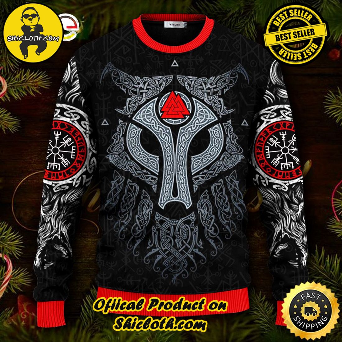 Best seller: Warm Up Your Holidays with Shiclothshop's Cozy Christmas Sweaters for a Peaceful Season 15 Cool Wolf Vegvisir Pattern Viking Ugly Christmas Sweater For Men & Women Christmas Gift Sweater
