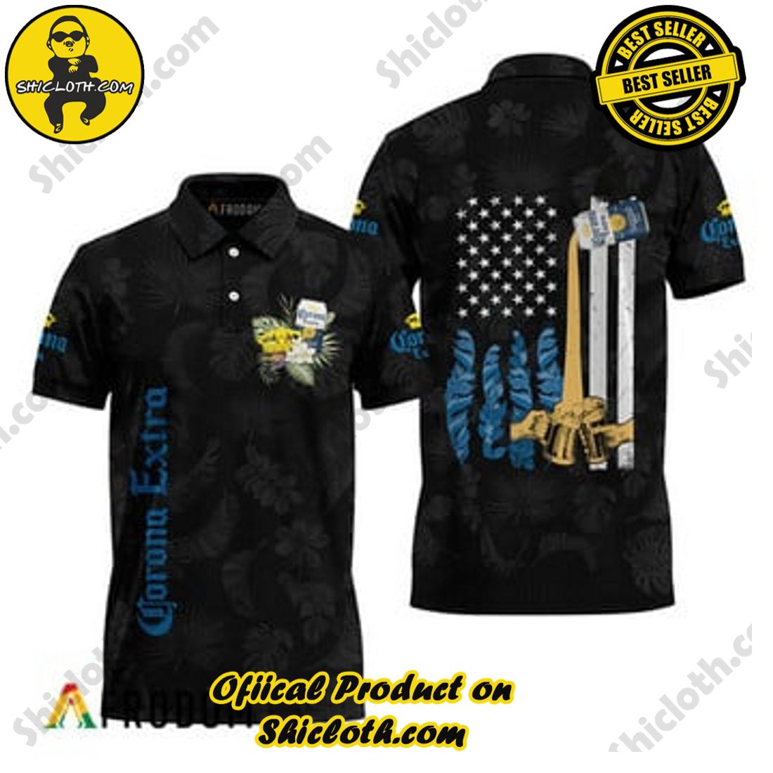 Fashion for Summer : Shiclothshop's Hawaiian Shirts 37 Corona Extra US Flag Black Hawaiian Polo Shirts