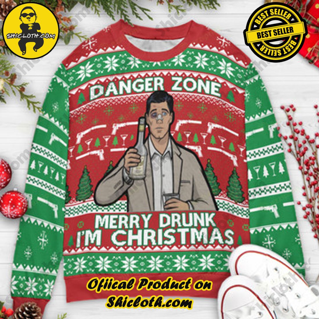 Hot Trending and Best Seller: Shiclothshop's Ugly Christmas Sweaters: Embrace Festive Fashion with Flair 17 Danger Zone Merry Drunk I'm Christmas Sterling Archer Ugly Christmas Sweater
