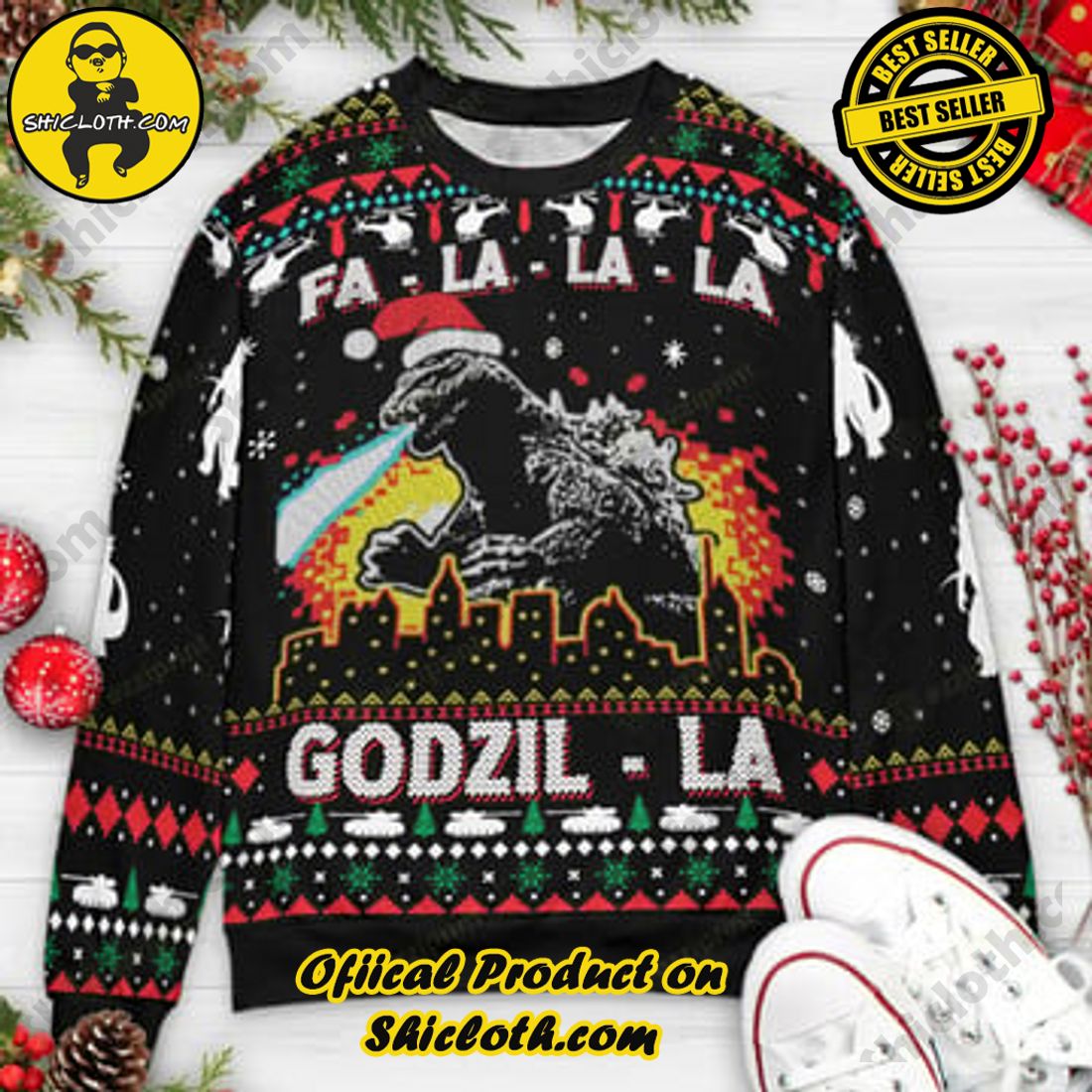 Hot Trending and Best Seller: Shiclothshop's Ugly Christmas Sweaters: Embrace Festive Fashion with Flair 24 Fa La La La Godzil-la Godzilla Ugly Christmas Sweaters